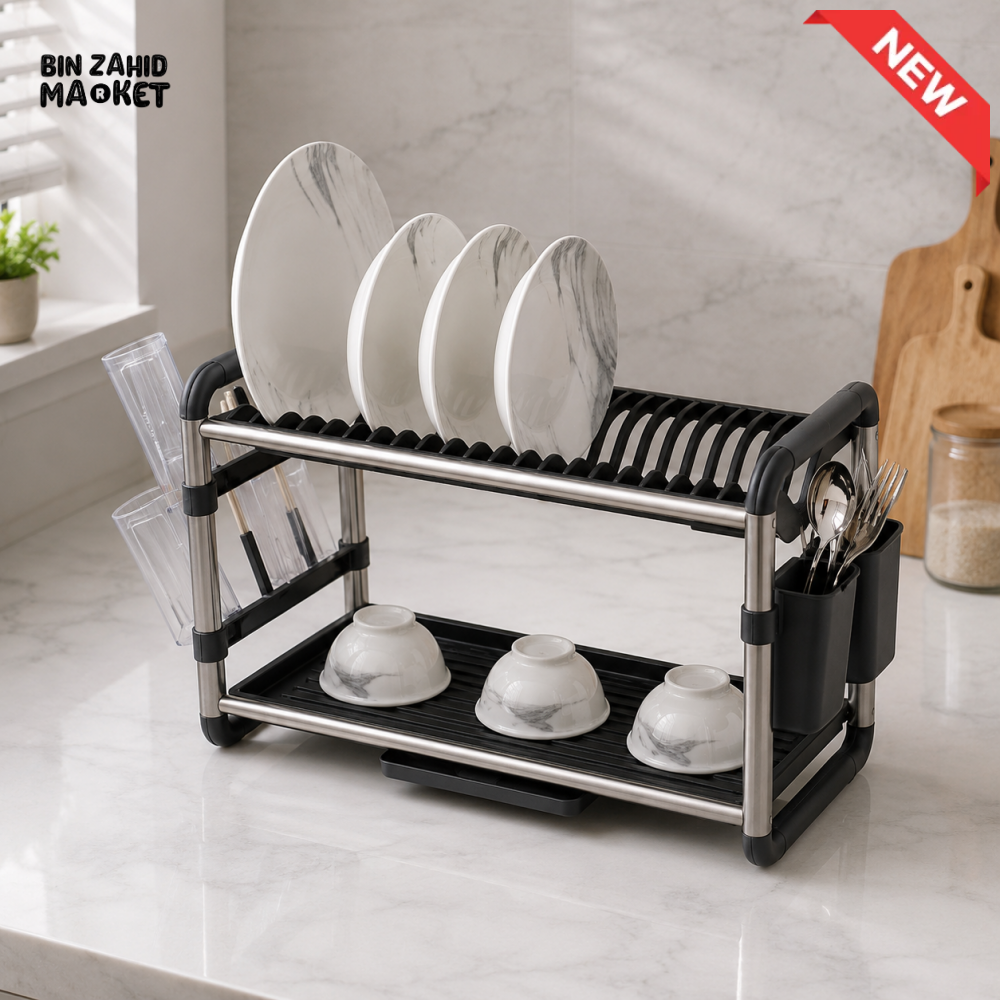 2-TIER KITCHEN DISH DRYING RACK WITH UTENSIL HOLDER
