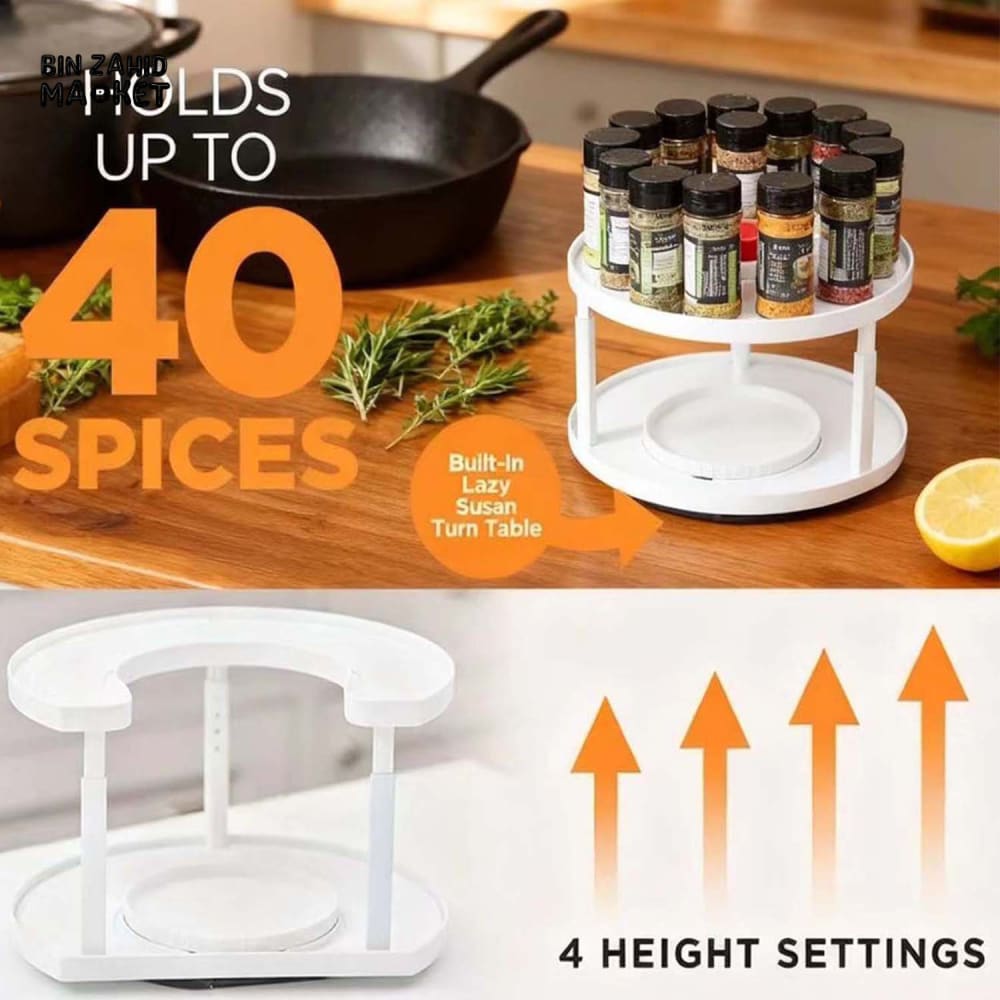 2-TIER SPICE RACK ORGANIZER – 360° ROTATABLE HEIGHT-ADJUSTABLE DESIGN