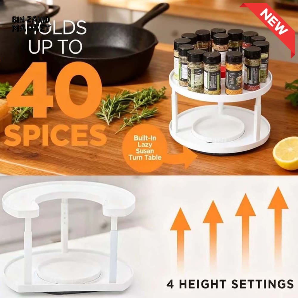2-TIER SPICE RACK ORGANIZER – 360° ROTATABLE HEIGHT-ADJUSTABLE DESIGN