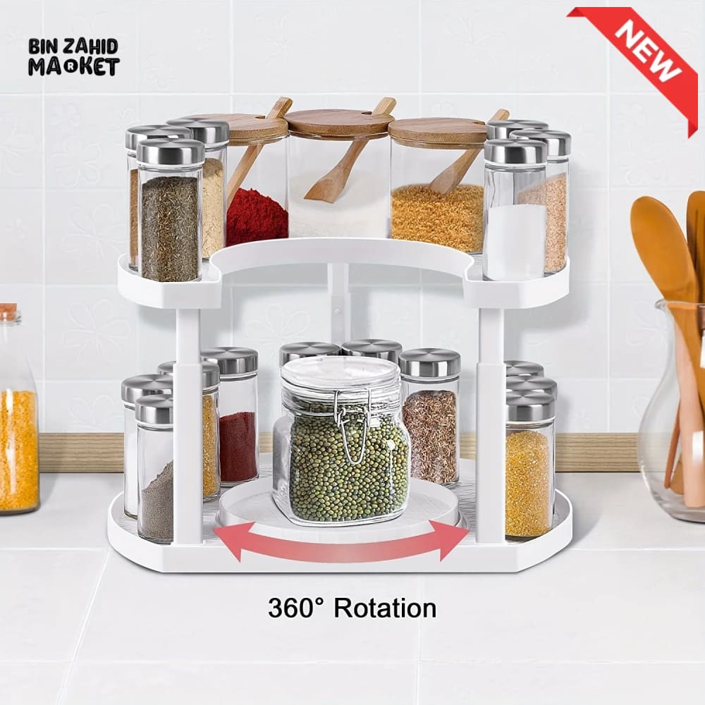 2-TIER SPICE RACK ORGANIZER – 360° ROTATABLE HEIGHT-ADJUSTABLE DESIGN