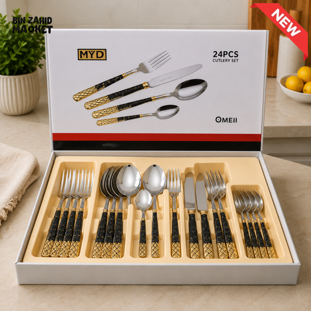 24-PIECE BLACK AND GOLD STAINLESS STEEL CUTLERY SET WITH GIFT BOX