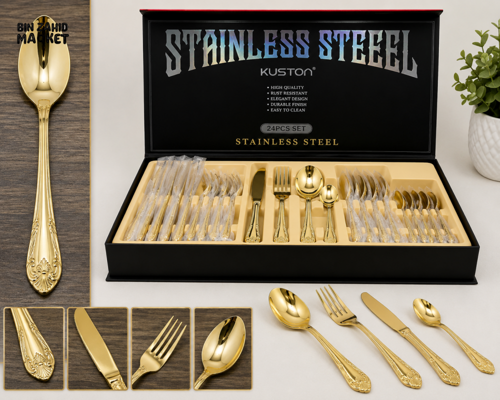 24 PIECE GOLD STAINLESS STEEL CUTLERY SET WITH CLASSIC ORNATE HANDLES - Cutlery Sets