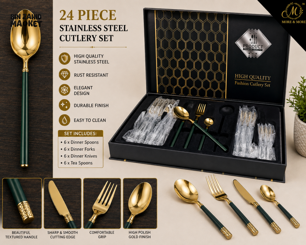 24 PIECE GREEN HANDLE GOLD STAINLESS STEEL CUTLERY SET WITH GIFT BOX - Cutlery Sets