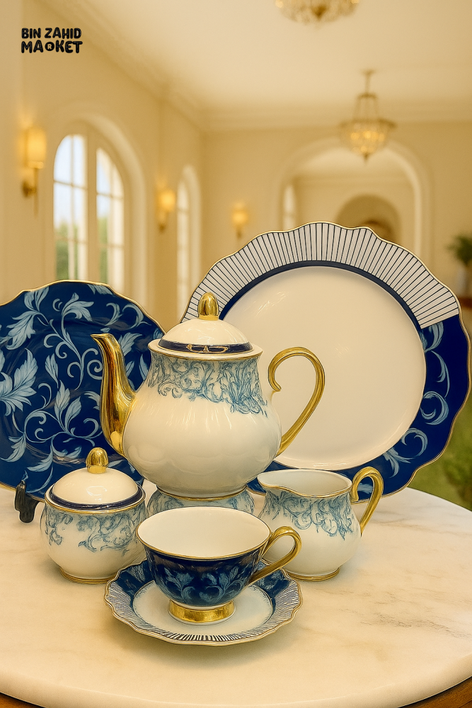 24-PIECE ROYAL BLUE & WHITE BONE CHINA TEA SET – GOLD TRIMMED LUXURY DESIGN