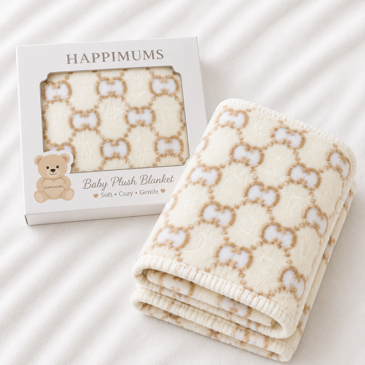 HAPPIMUMS BABY PLUSH SLEEPING BLANKET DOUBLE PLY LITTLE BEAR PATTERN 110 x 80 - CREAM