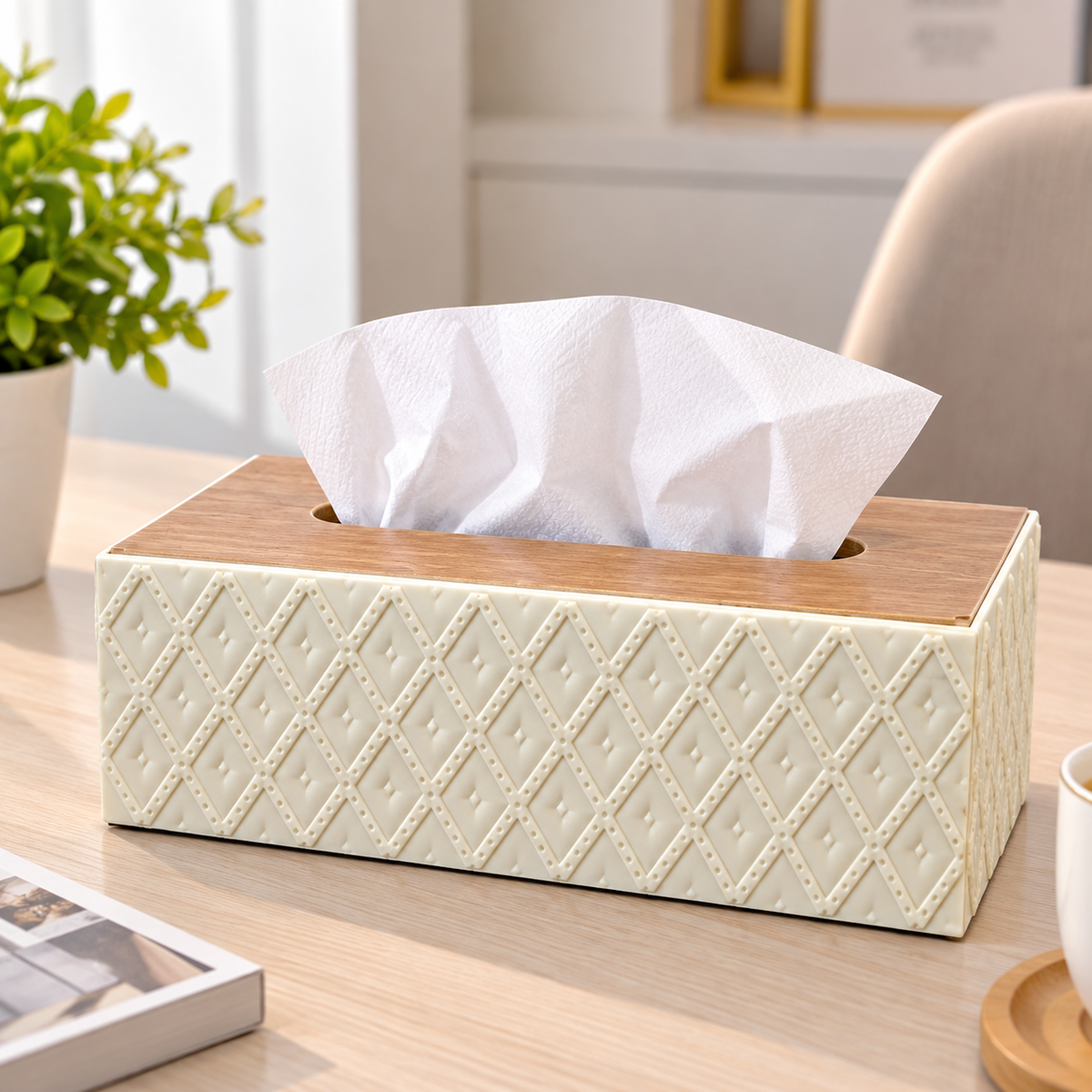 CREAM WHITE DIAMOND TEXTURE RECTANGULAR TISSUE BOX WITH WOODEN STYLE LID