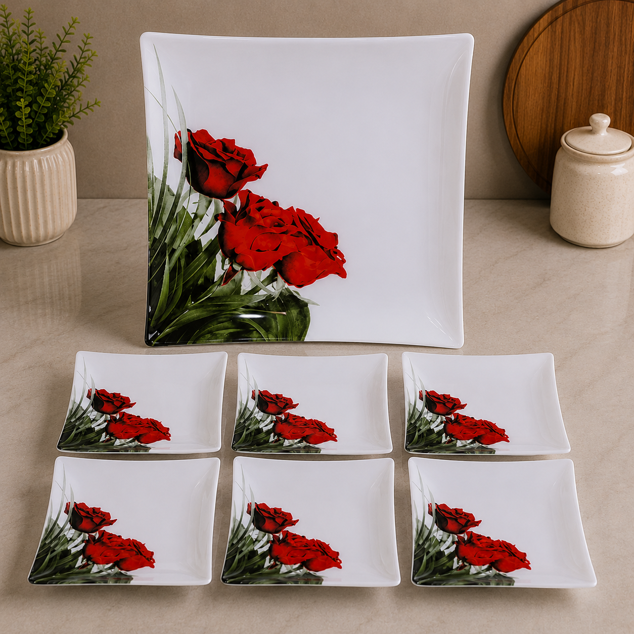 ARCOFAM RED ROSE SQUARE SERVING 7 PIECE PLATE SET - TANIYA