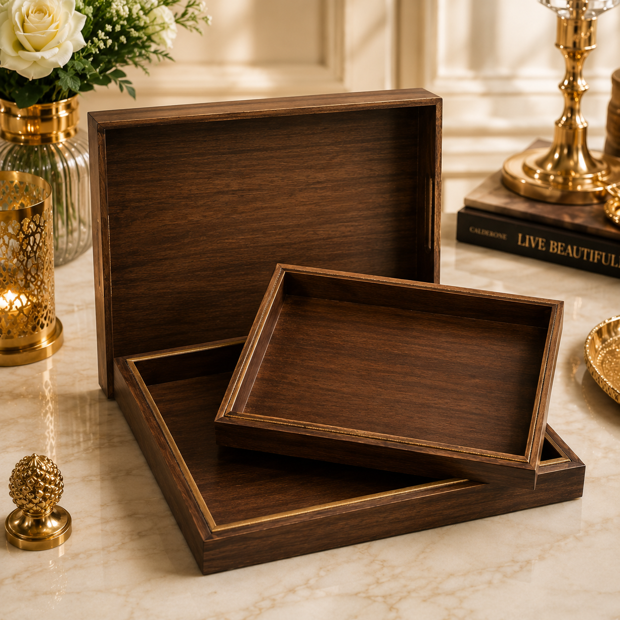 LUXEWOOD PREMIUM 3-PIECE RECTANGULAR WOODEN SERVING TRAY SET