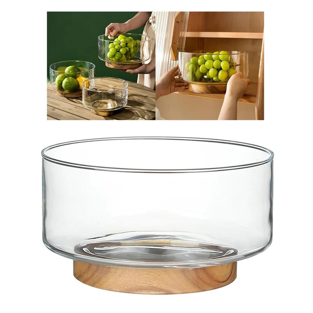 LUXURY GLASS FRUIT BOWL WITH WOODEN BASE – MODERN DINING TABLE CENTERPIECE - SMALL