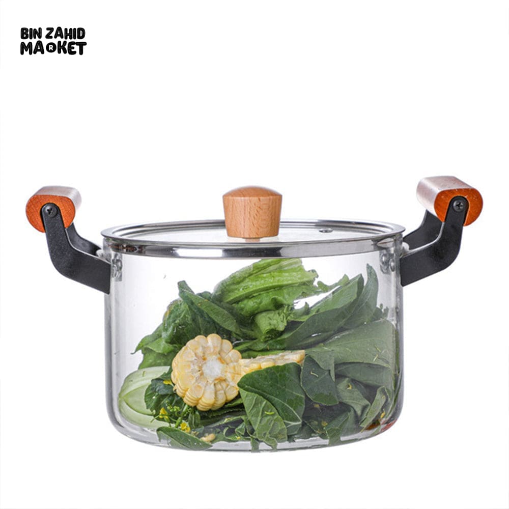 PREMIUM BOROSILICATE GLASS COOKING POT – FLAME-SAFE WOODEN HANDLE LARGE CAPACITY WITH LID - 4.5 LITRE