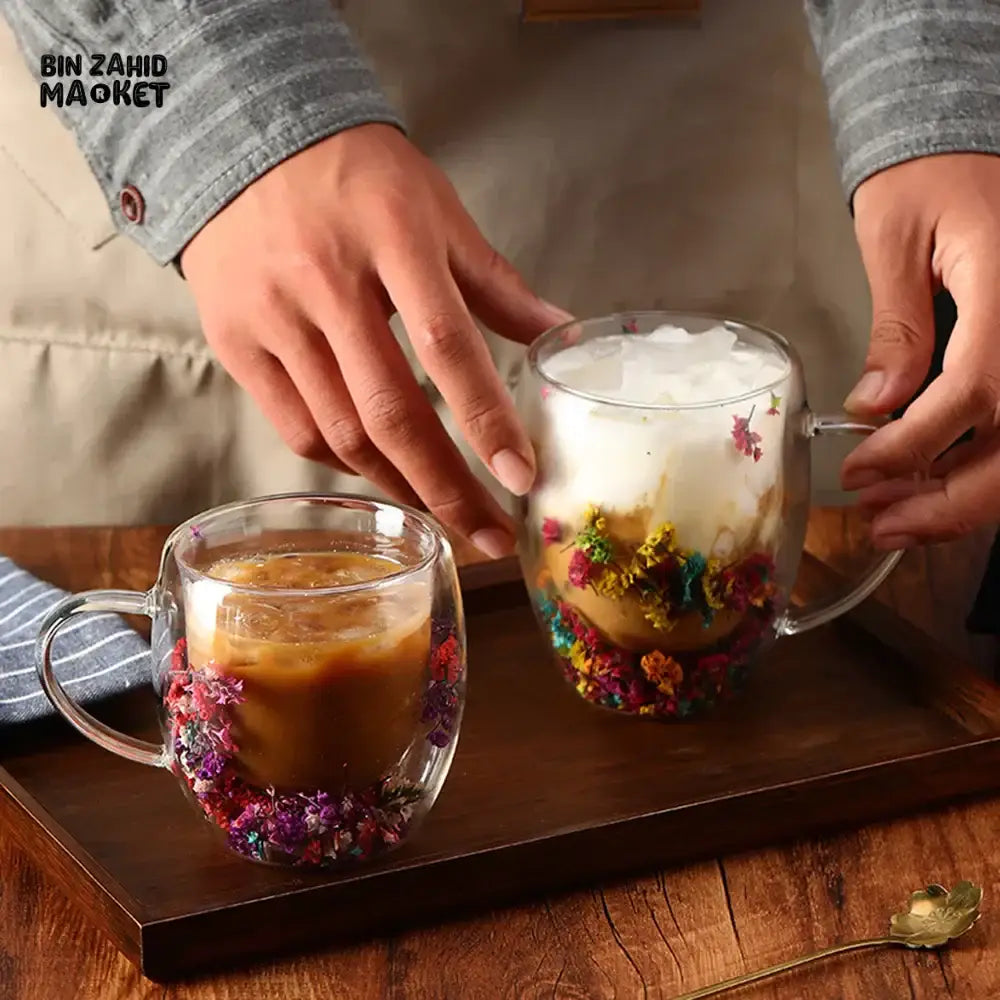 DRIED FLOWER DOUBLE WALL GLASS MUG - 350ML