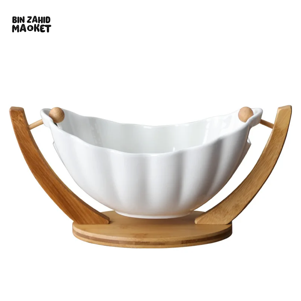 HANGING CERAMIC SALAD BOWL WITH BAMBOO STAND PORCELAIN FRUIT DESSERT TABLEWARE