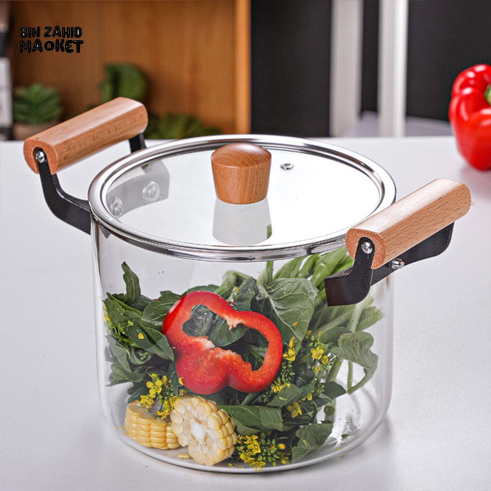 PREMIUM BOROSILICATE GLASS COOKING POT – FLAME-SAFE WOODEN HANDLE LARGE CAPACITY WITH LID - 4.5 LITRE