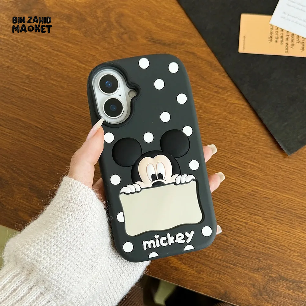 CUTE CARTOON POLKA DOT MICKEY & MINNIE MOUSE SILICONE CASE WITH MAKEUP MIRROR COVER - MICKEY