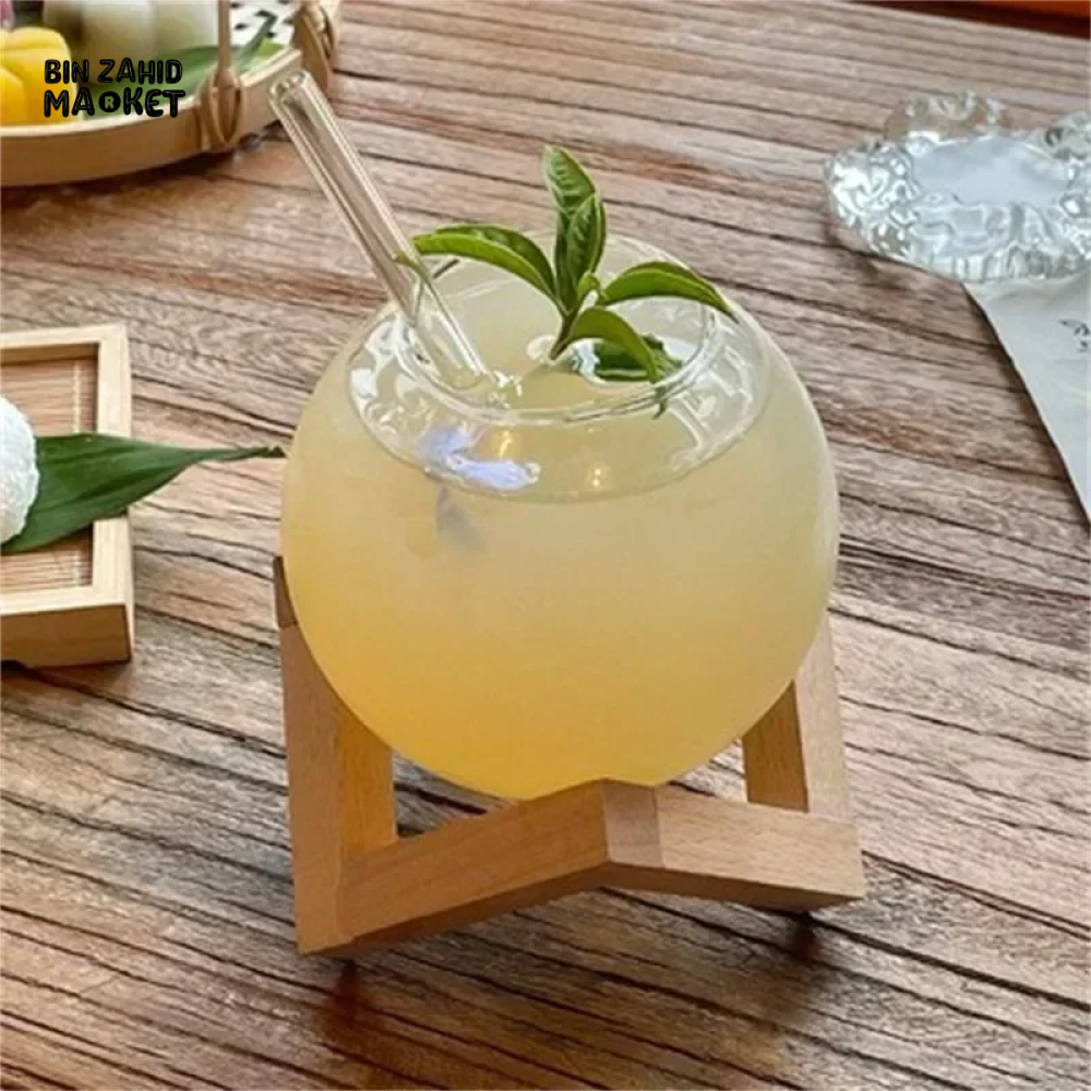 COCKTAIL GLASS CUP WITH WOOD STAND – ROUND BALL TUMBLER BAR GLASSWARE