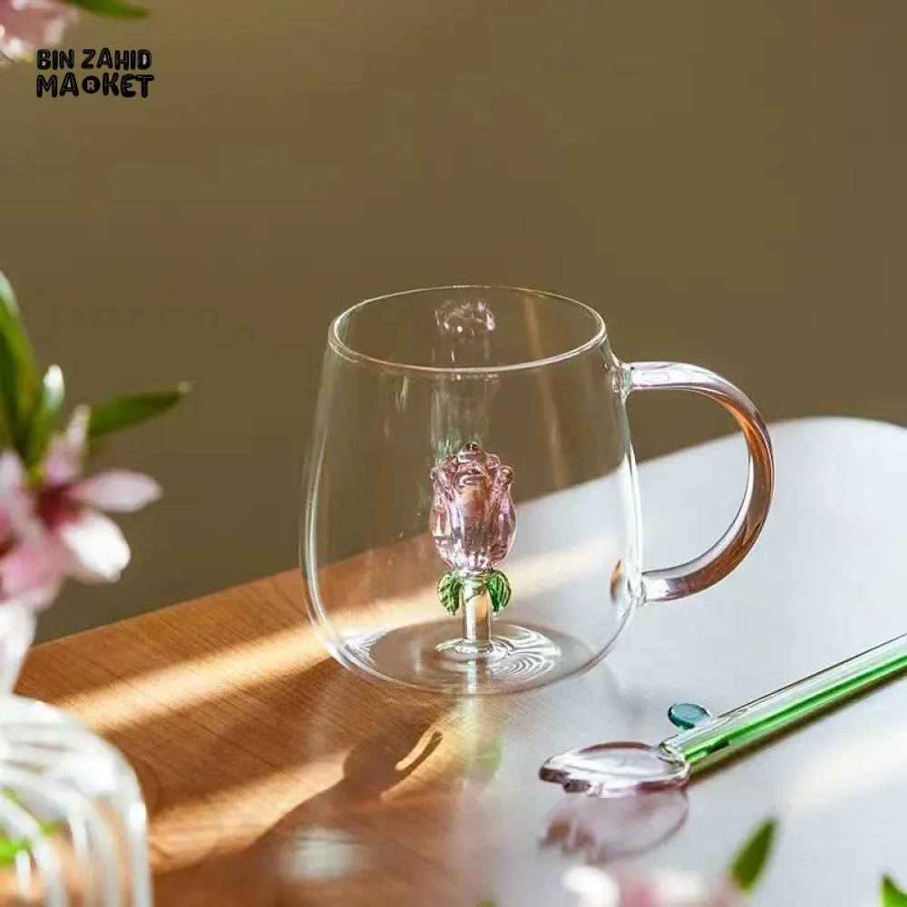 3D ROSE GLASS MUG WITH PINK HANDLE – HEAT-RESISTANT FOR MILK & COFFEE