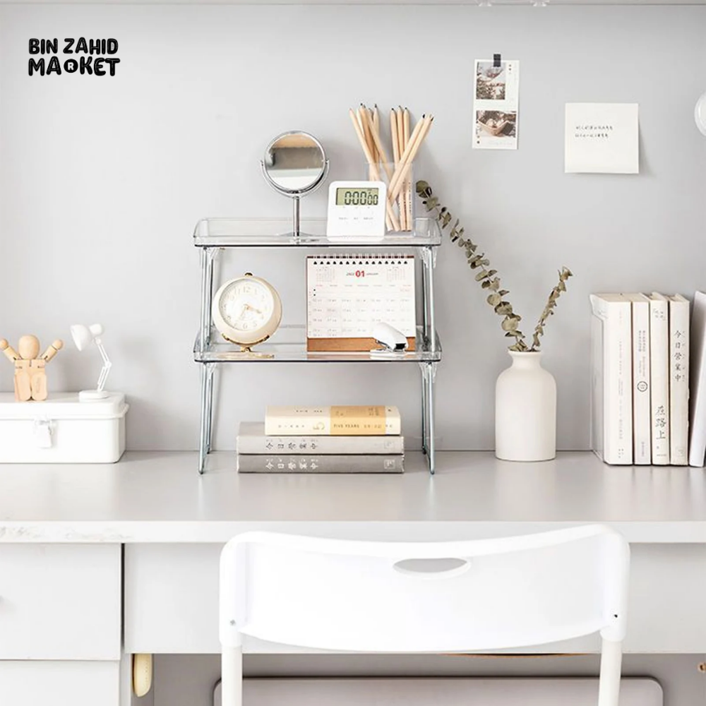 STACKABLE CLEAR PLASTIC STORAGE RACK FOR MAKEUP KITCHEN AND STATIONERY
