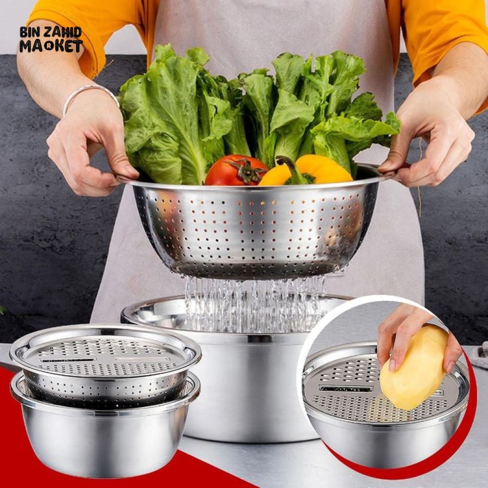 PREMIUM 3 PIECES STEEL COLANDER KITCHEN SLICER GRATER SET