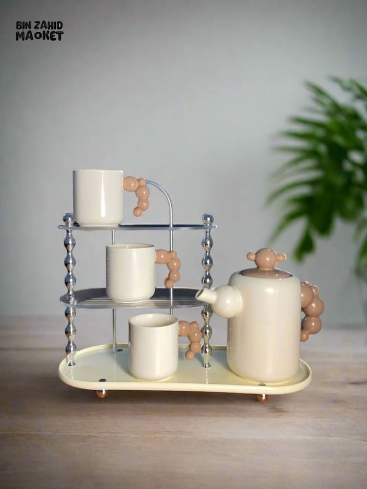 CREAM-STYLE CERAMIC TEA SET — ELEGANT TEAPOT AND CUPS WITH STYLISH RACK PERFECT FOR LIVING ROOM USE OR AS A HOUSEWARMING GIFT - BEIGE