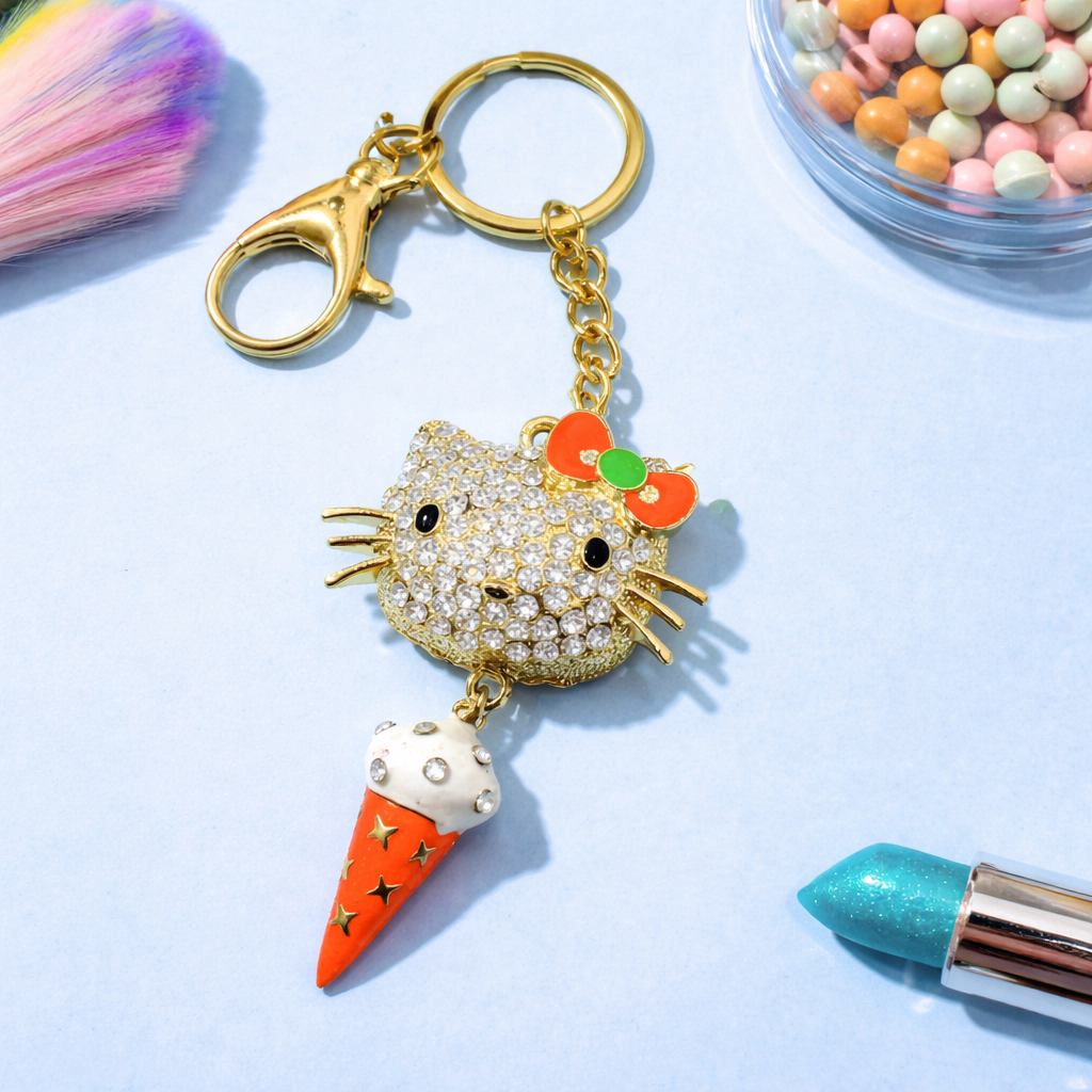 RHINESTONE KITTY KEYCHAIN WITH ICE CREAM CHARM – LUXURY CUTE BAG CHARM & CAR KEYRING FOR GIRLS PURSE BACKPACK & GIFT