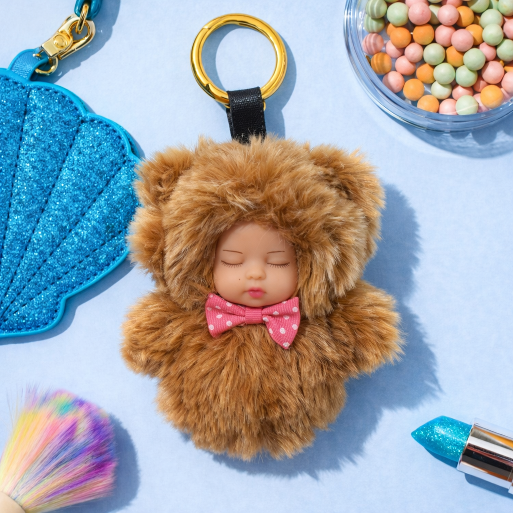 SLEEPING BABY TEDDY FUR KEYCHAIN WITH BOW – SOFT PLUSH BAG CHARM & CAR KEYRING FOR GIRLS PURSE BACKPACK & GIFT