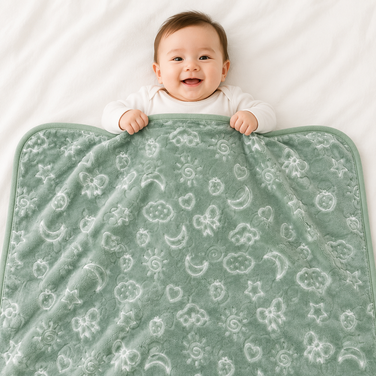 HAPPIMUMS BABY PLUSH SLEEPING BLANKET DOUBLE PLY CLOUD & BOW 110 x 80 - GREEN