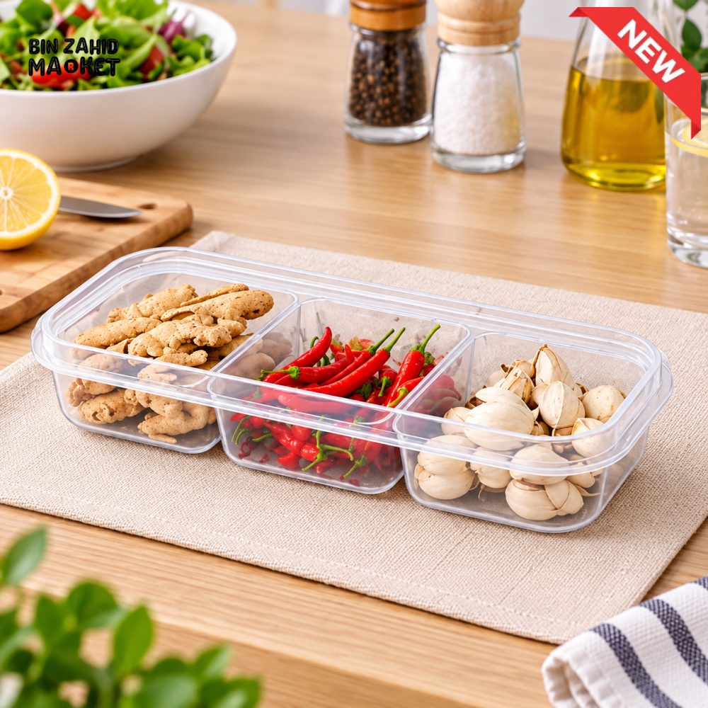 3-COMPARTMENT TRANSPARENT FOOD STORAGE & SERVING CONTAINER WITH LID