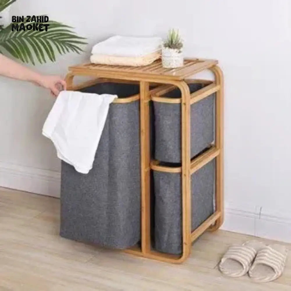 3 Grid Bamboo Laundry Basket - Grey