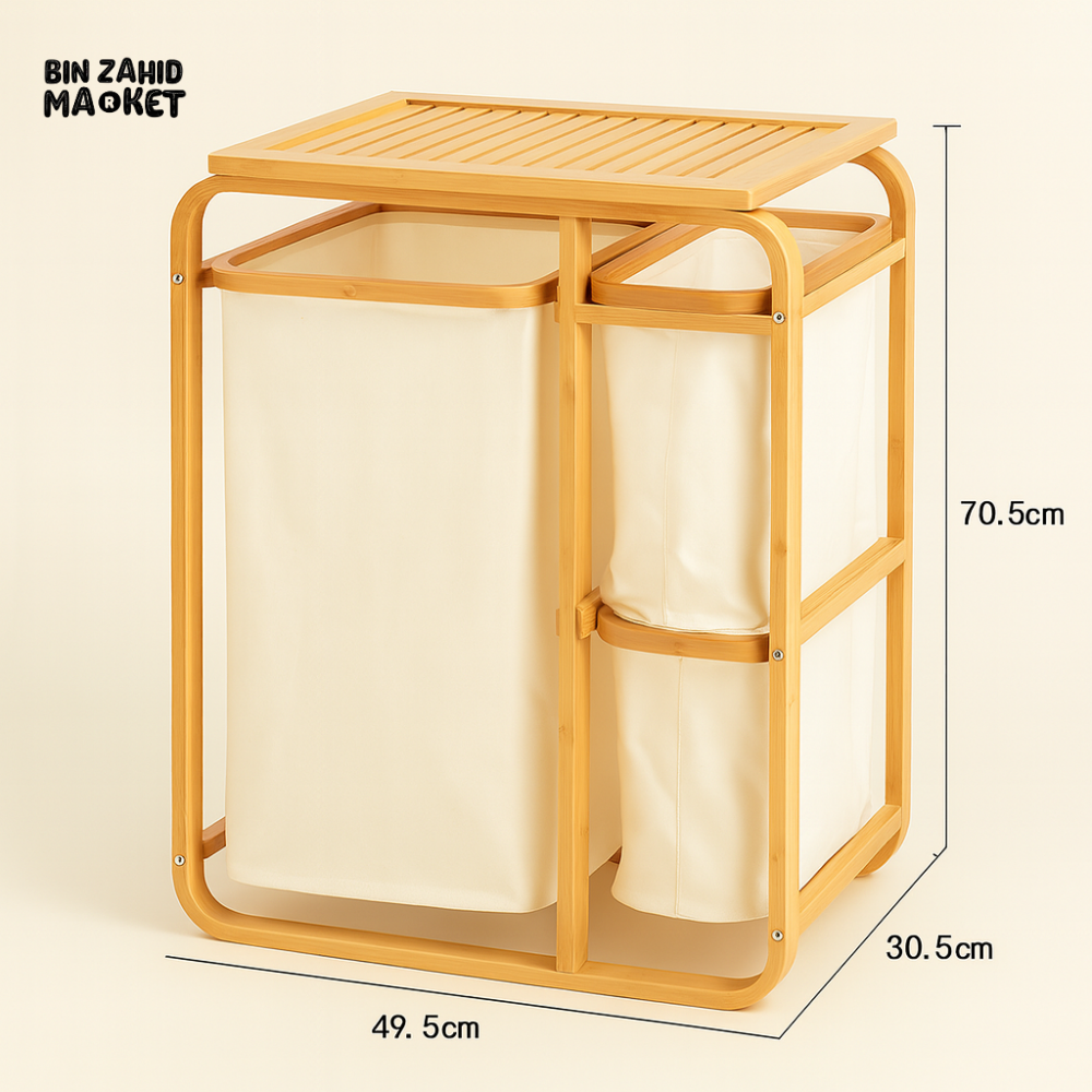 3 Grid Bamboo Laundry Basket - White