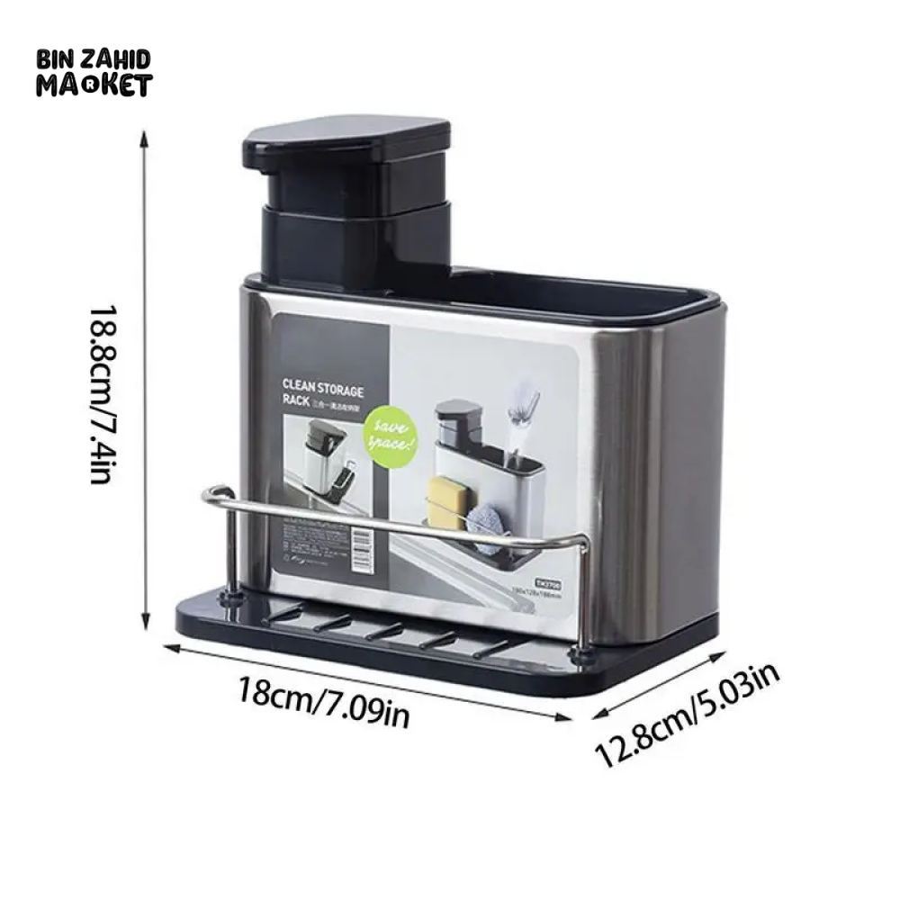 3-IN-1 STAINLESS STEEL KITCHEN SPONGE HOLDER WITH SOAP DISPENSER – MULTIFUNCTIONAL SINK ORGANIZER FOR DISHWASHING ACCESSORIES