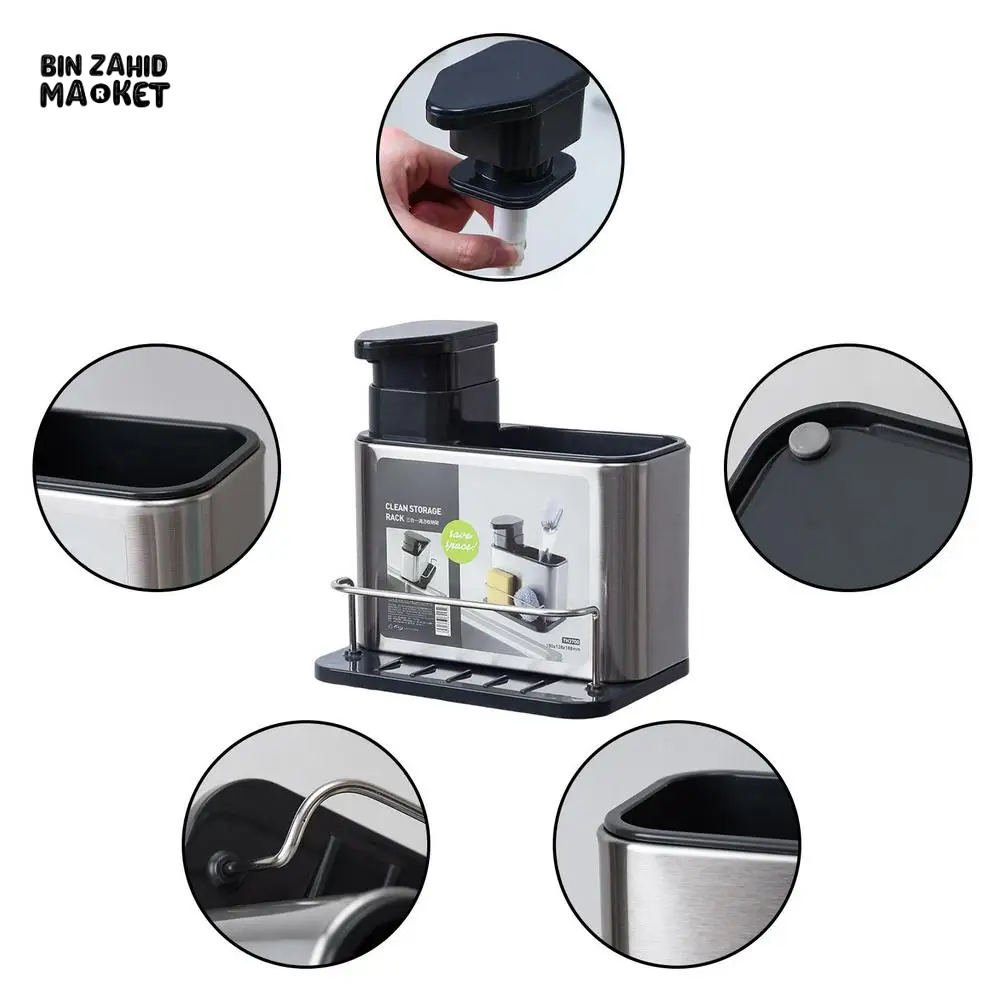 3-IN-1 STAINLESS STEEL KITCHEN SPONGE HOLDER WITH SOAP DISPENSER – MULTIFUNCTIONAL SINK ORGANIZER FOR DISHWASHING ACCESSORIES