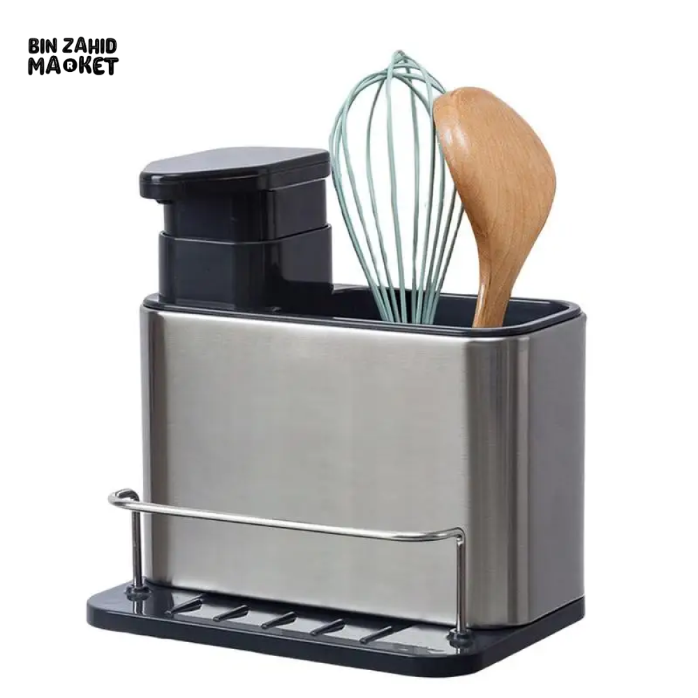3-IN-1 STAINLESS STEEL KITCHEN SPONGE HOLDER WITH SOAP DISPENSER – MULTIFUNCTIONAL SINK ORGANIZER FOR DISHWASHING ACCESSORIES