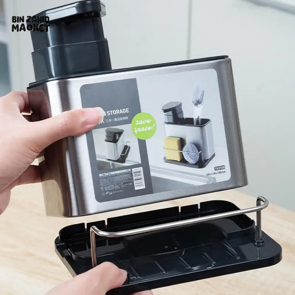 3-IN-1 STAINLESS STEEL KITCHEN SPONGE HOLDER WITH SOAP DISPENSER – MULTIFUNCTIONAL SINK ORGANIZER FOR DISHWASHING ACCESSORIES