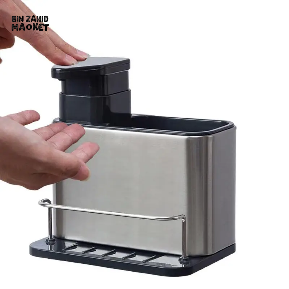 3-IN-1 STAINLESS STEEL KITCHEN SPONGE HOLDER WITH SOAP DISPENSER – MULTIFUNCTIONAL SINK ORGANIZER FOR DISHWASHING ACCESSORIES