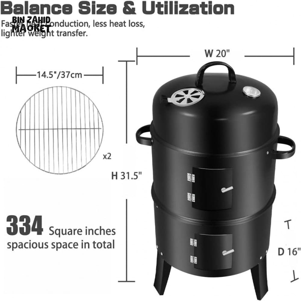 3-IN-1 VERTICAL CHARCOAL SMOKER BBQ GRILL 16 INCH SEPARABLE COMBO