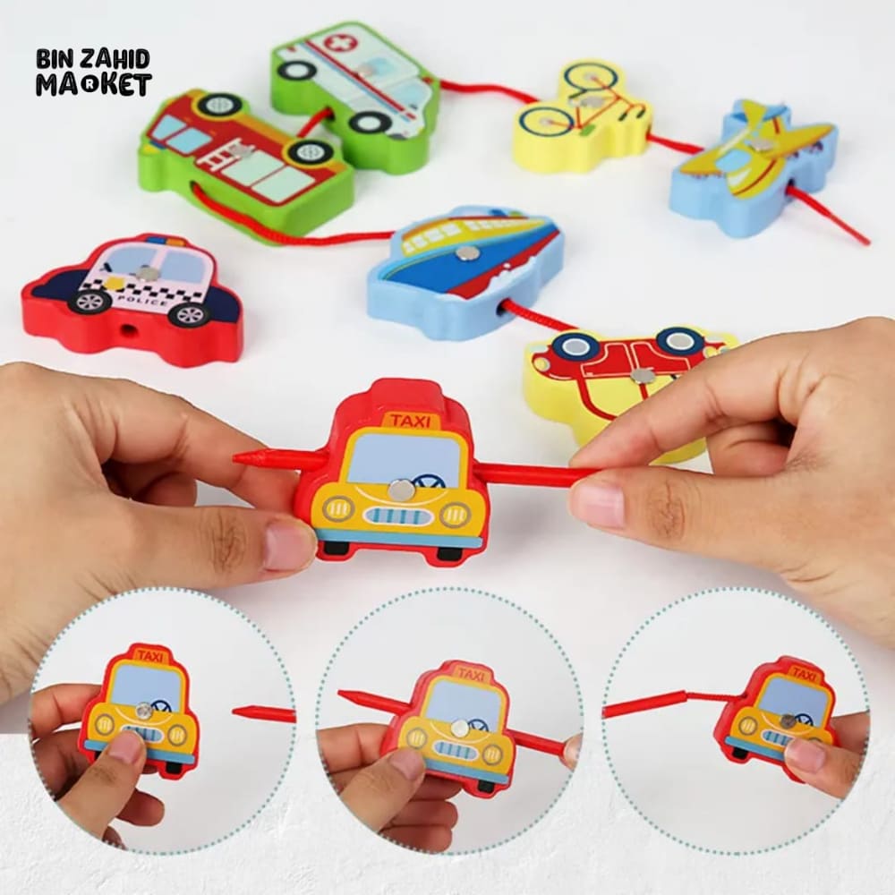 3 IN 1 WOODEN ANIMAL VEHICLE STRINGING TOY – MAGNETIC MATCHING & SHAPE BOARD