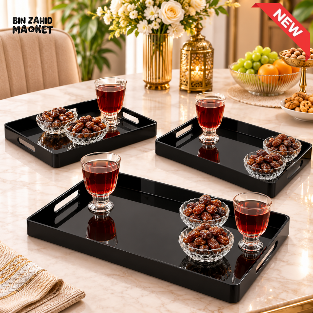 3 PIECE BLACK RECTANGULAR SERVING TRAY SET WITH HANDLES