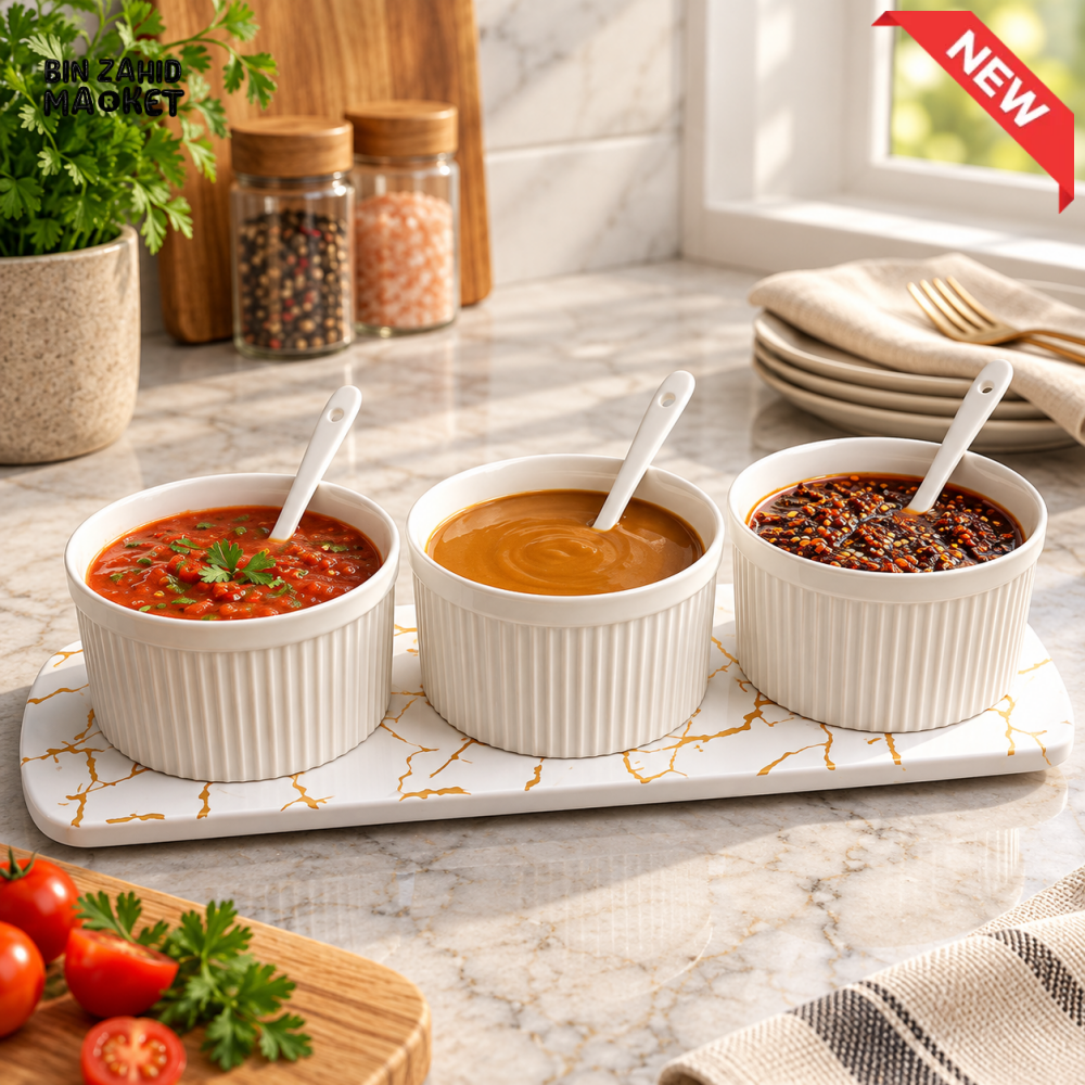 3-PIECE CERAMIC CONDIMENT SERVING BOWL SET WITH SPOONS AND MARBLE-LOOK TRAY
