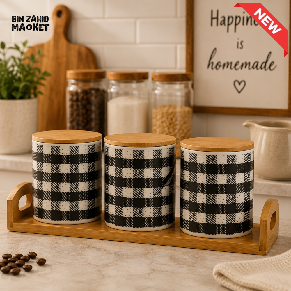 3-PIECE CERAMIC KITCHEN STORAGE CANISTER SET WITH BAMBOO TRAY