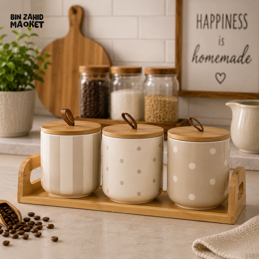 3-PIECE CERAMIC KITCHEN STORAGE CANISTER SET WITH BAMBOO TRAY