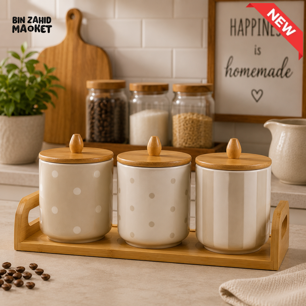 3-PIECE CERAMIC STORAGE CANISTER SET WITH BAMBOO TRAY