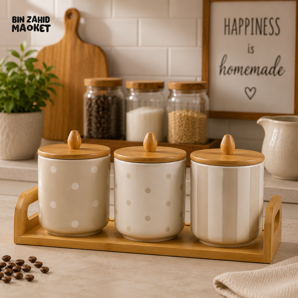 3-PIECE CERAMIC STORAGE CANISTER SET WITH BAMBOO TRAY