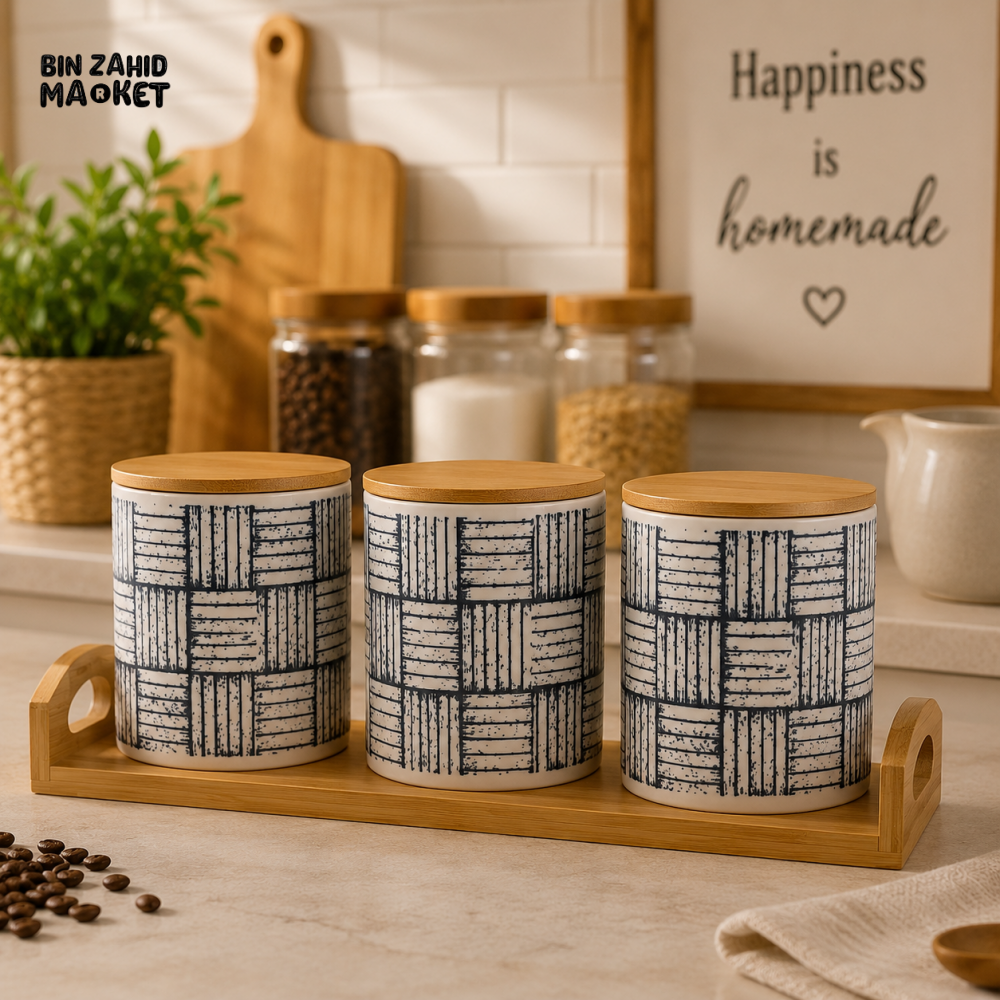 3-PIECE CERAMIC STORAGE CANISTER SET WITH BAMBOO TRAY