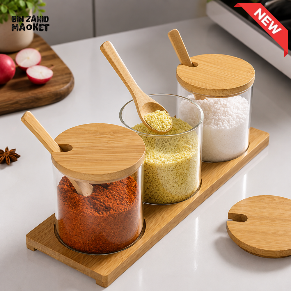 3-PIECE GLASS SPICE JAR SET WITH BAMBOO LIDS SPOONS AND TRAY