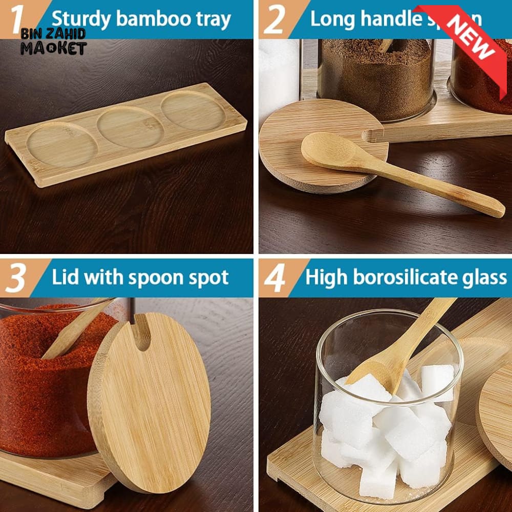 3-PIECE GLASS SPICE JAR SET WITH BAMBOO LIDS SPOONS AND TRAY