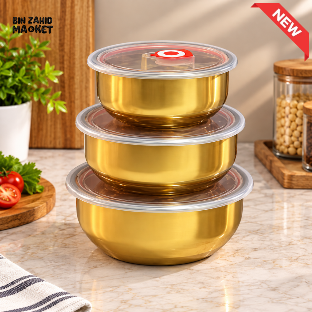 3-PIECE GOLDEN STAINLESS STEEL ROUND FOOD STORAGE BOWL SET WITH LIDS