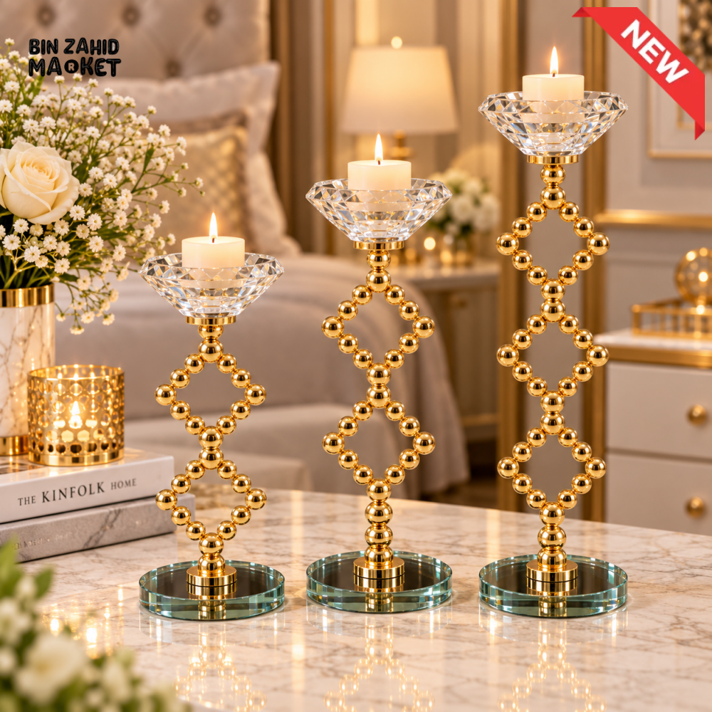 3-PIECE LUXURY GOLDEN GEOMETRIC CRYSTAL CANDLE HOLDER SET