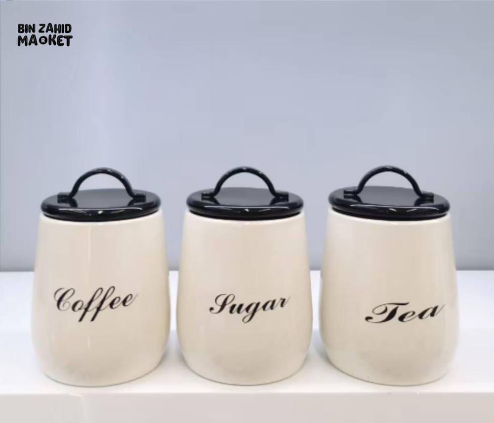 3-PIECE METAL CANISTER SET – COFFEE SUGAR TEA WITH AIRTIGHT LIDS - BLACK