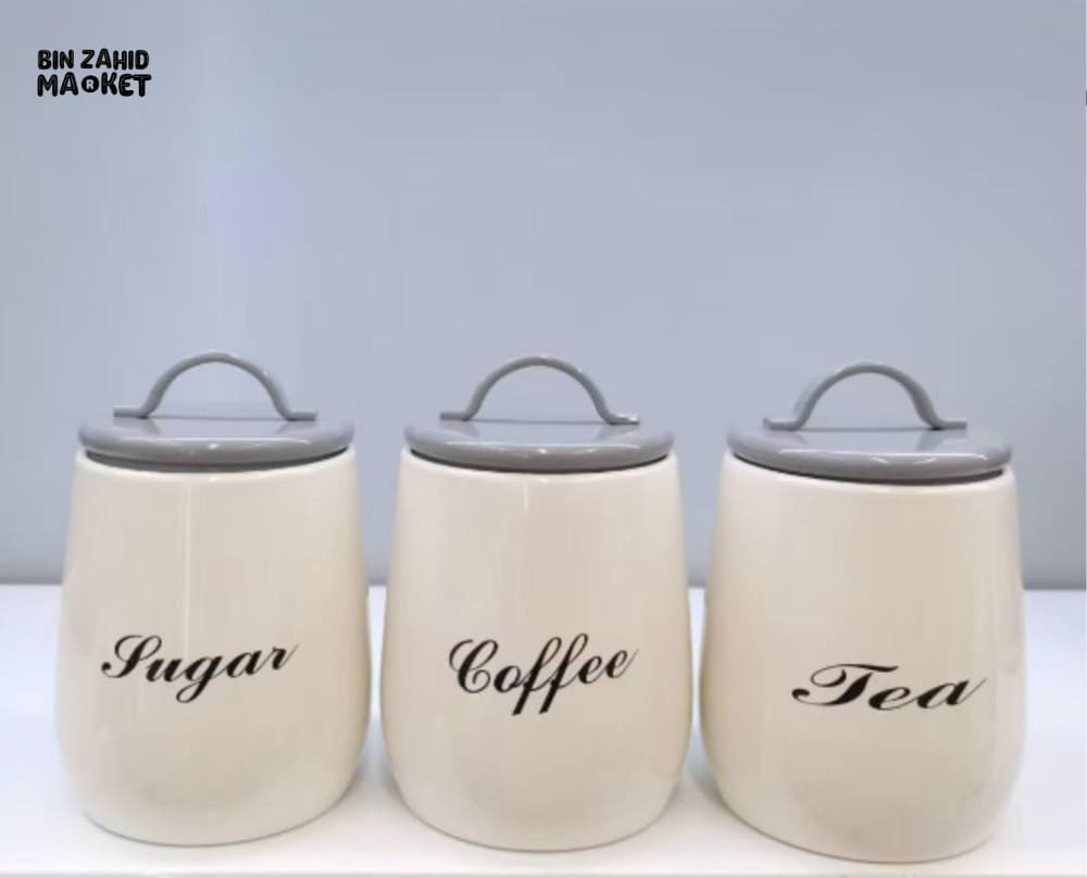 3-PIECE METAL CANISTER SET – COFFEE SUGAR TEA WITH AIRTIGHT LIDS - GREY