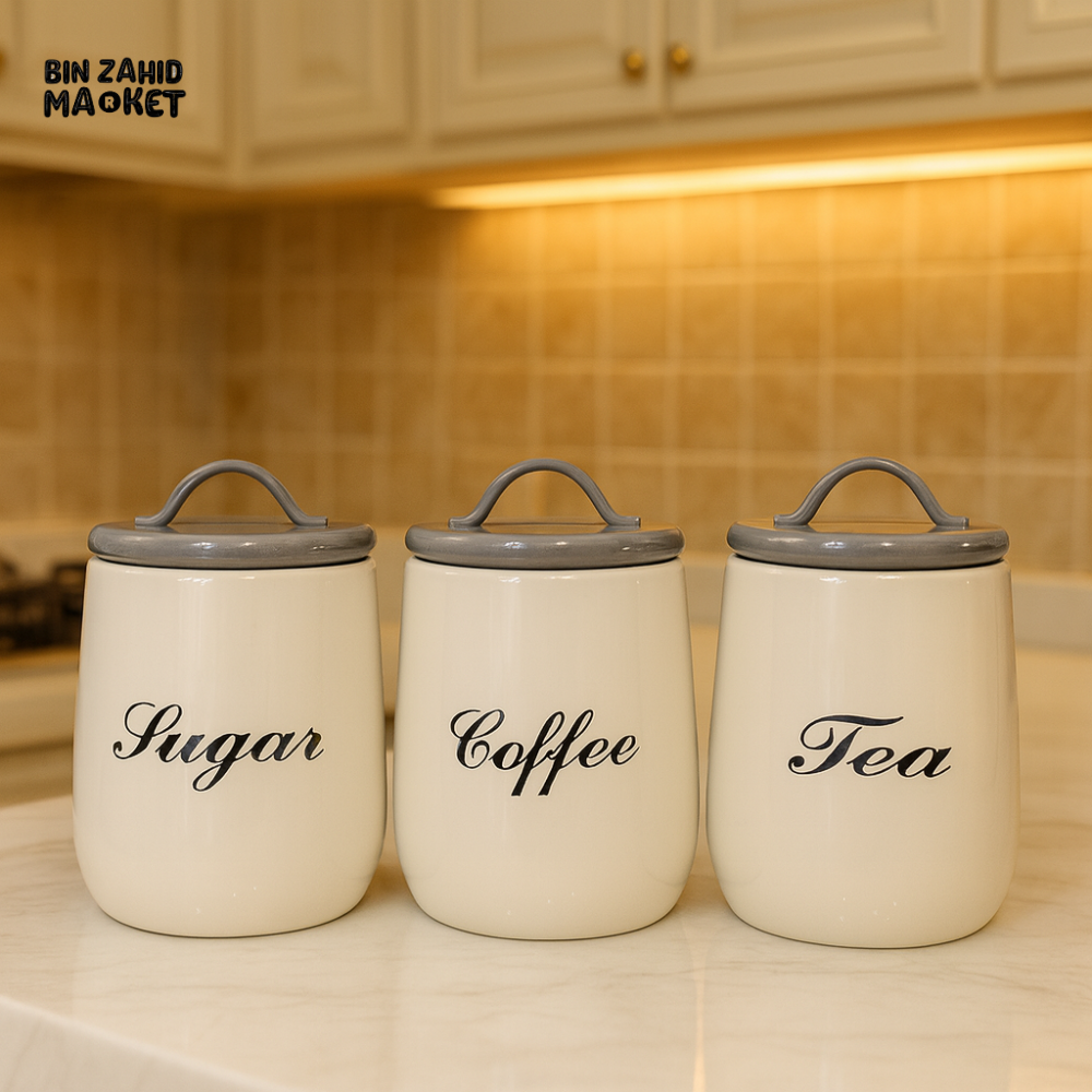 3-PIECE METAL CANISTER SET – COFFEE SUGAR TEA WITH AIRTIGHT LIDS - GREY